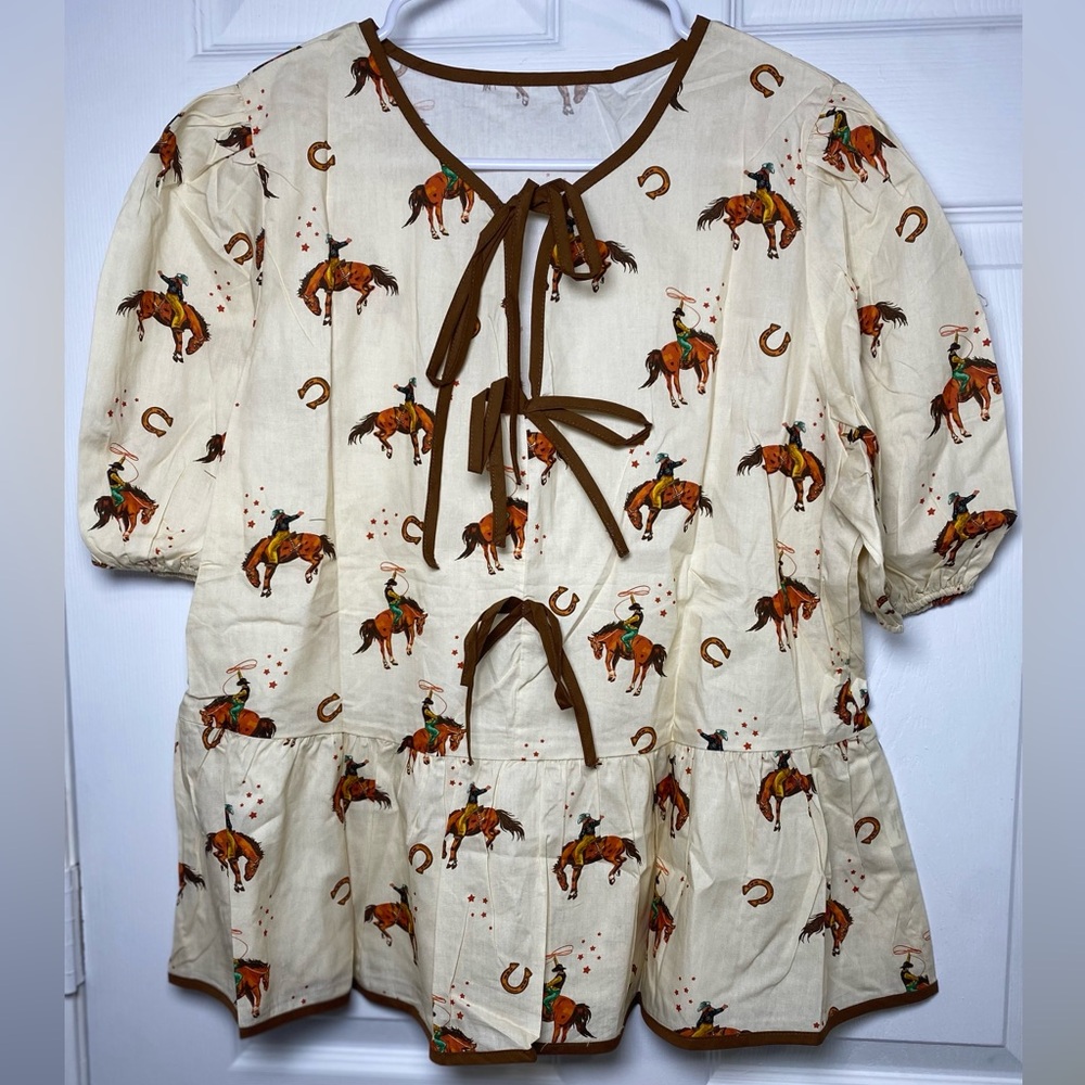 Cowboy Print tie front Blouse - Picture 2 of 6
